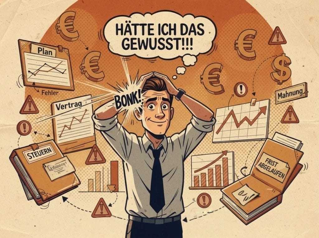 Home 7 Cartoon von Gründer Alex, der sich frustriert an den Kopf fasst, umgeben von Fehlern wie Frist abgelaufen, Steuern und Mahnungen – 5 kritische Gründungsfehler vermeiden.