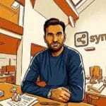 Home 11 Porträt von Mert Erdogan, Gründer von syntik, vor dem Firmenlogo. Er sitzt an einem Schreibtisch in einem modernen Büro.