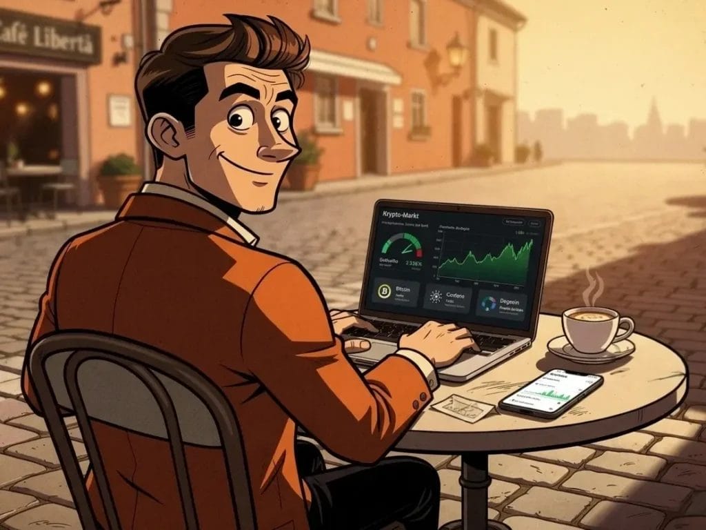 Home 3 Laptop und Kaffeetasse auf Schreibtisch — Solopreneur arbeitet ortsunabhängig mit Krypto-Assets wie Dogecoin und Cardano