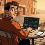 Home 9 Laptop und Kaffeetasse auf Schreibtisch — Solopreneur arbeitet ortsunabhängig mit Krypto-Assets wie Dogecoin und Cardano